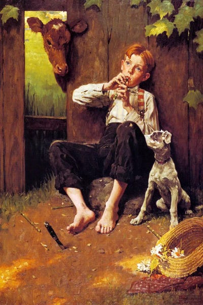 Norman Rockwell: Barefoot Boy Playing Flute by Norman Rockwell