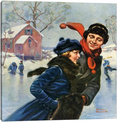 Couple Ice Skating Canvas Art Print - Norman Rockwell Christmas Art