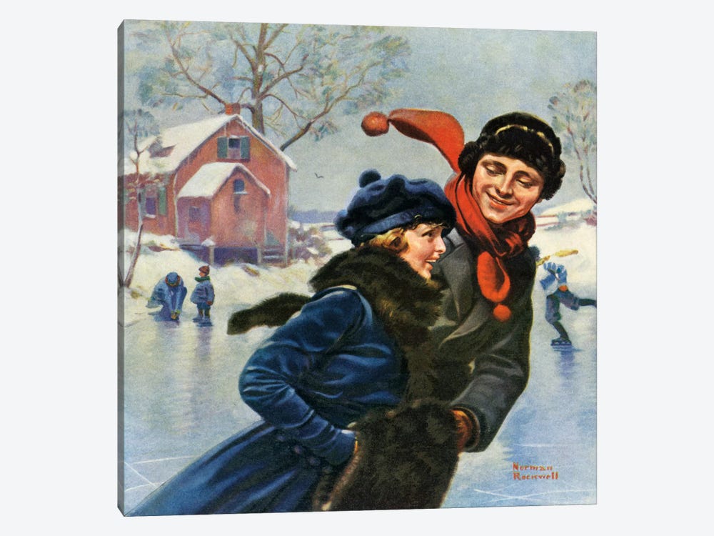 Couple Ice Skating by Norman Rockwell 1-piece Canvas Art