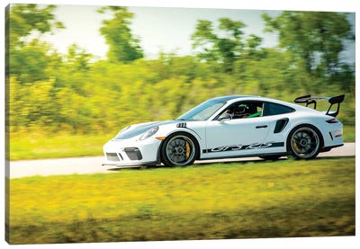 White Porsche Gt3 Rs In Motion Canvas Art Print - Nik Rave