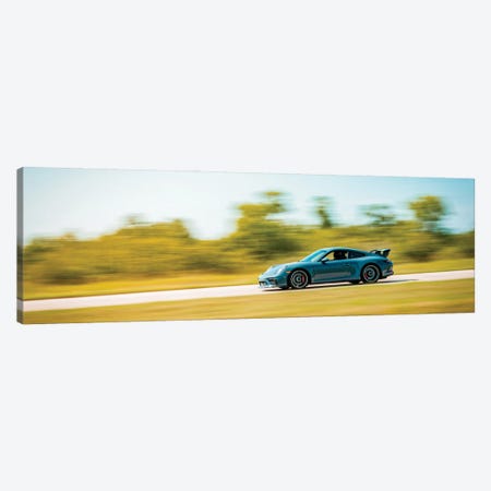 Blue Porsche On The Track In Motion Canvas Print #NRV215} by Nik Rave Canvas Wall Art