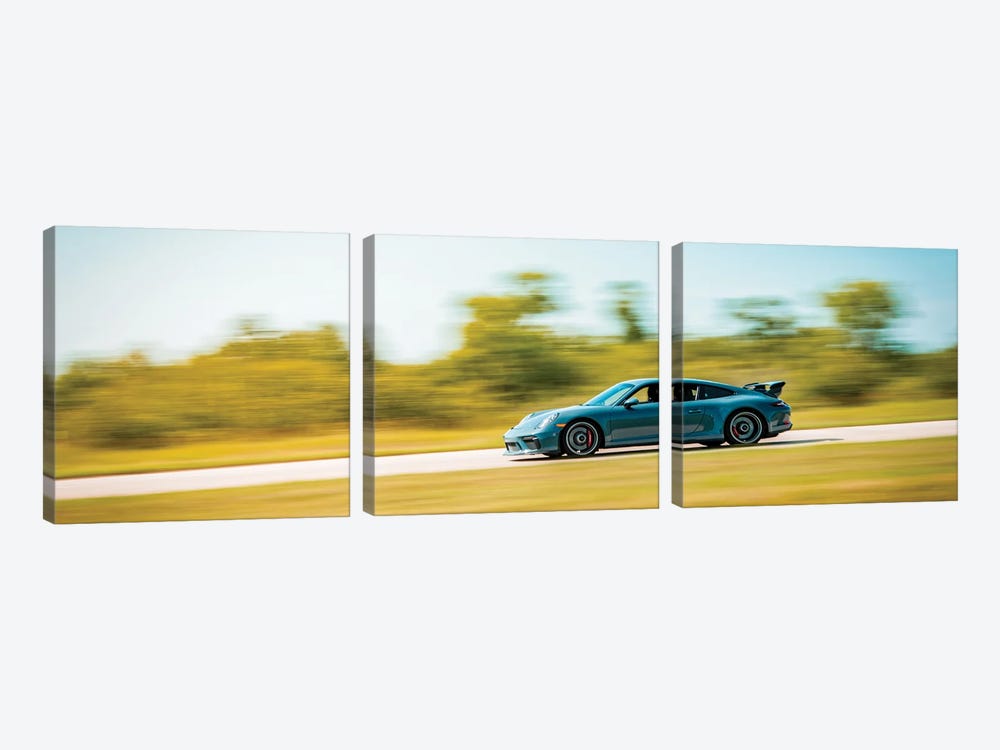 Blue Porsche On The Track In Motion by Nik Rave 3-piece Canvas Art Print
