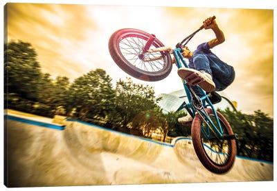 Bmx Bike In A Flight On The Ramp Up Close Going Up Canvas Art Print - Nik Rave