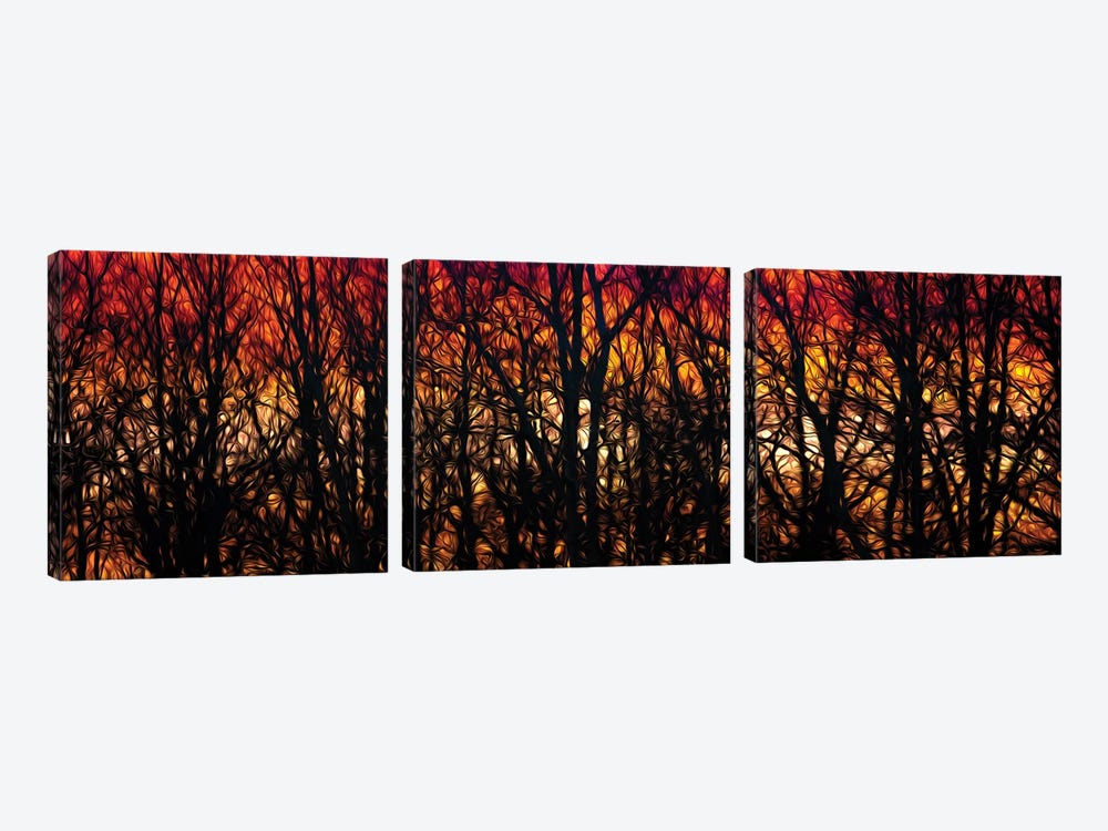 Sunset In A Forest Drawing by Nik Rave 3-piece Canvas Print