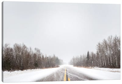 Empty Highway At Blizzard Canvas Art Print - Nik Rave