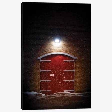 Big Red Barn Door At Night In A Spotlight During The Winter Canvas Print #NRV583} by Nik Rave Art Print