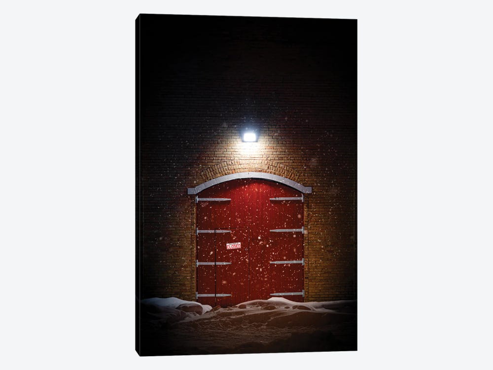 Big Red Barn Door At Night In A Spotlight During The Winter by Nik Rave 1-piece Art Print