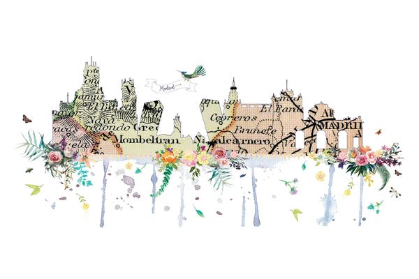 Natalie Ryan: Madrid Collage Skyline by Natalie Ryan