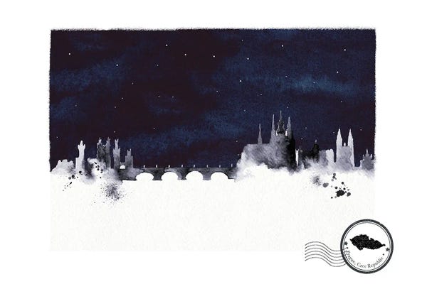 Natalie Ryan: Prague At Night Skyline by Natalie Ryan