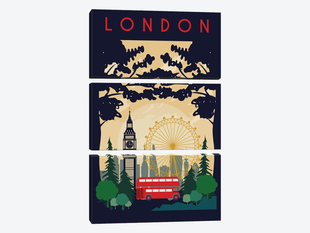 London Bus Travel Poster by Natalie Ryan 3-piece Canvas Art