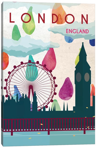 London Rain Travel Poster Canvas Art Print - Ferris Wheels