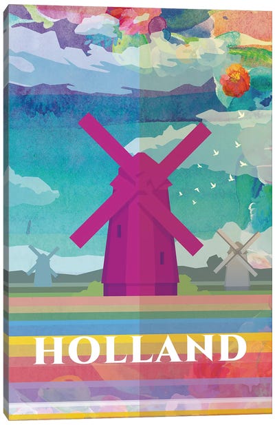 Holland Travel Poster Canvas Art Print - Watermill & Windmill Art