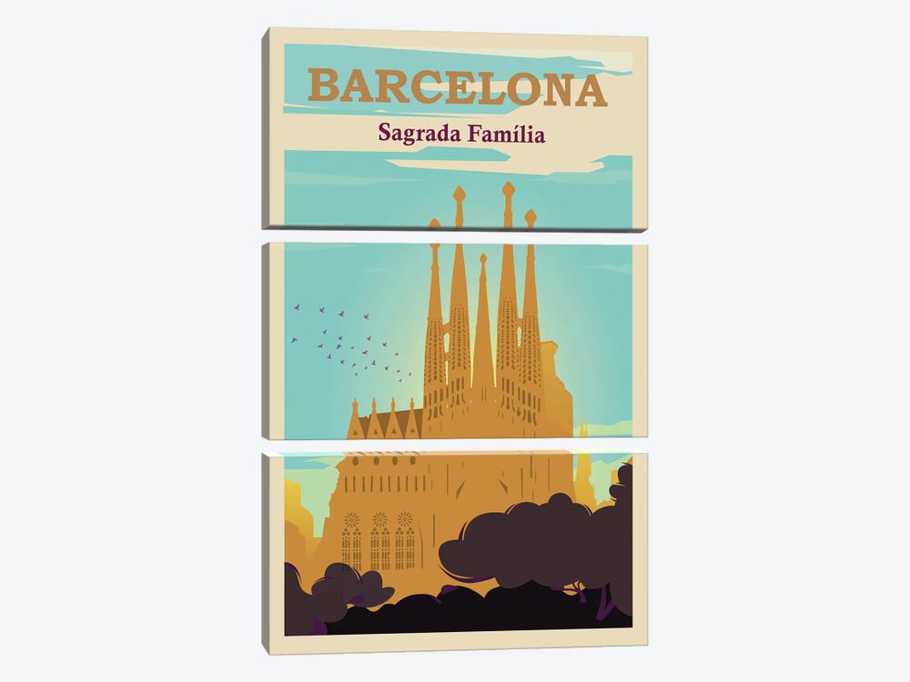 Barcelona Sagrada Familia Travel Poster by Natalie Ryan 3-piece Canvas Wall Art