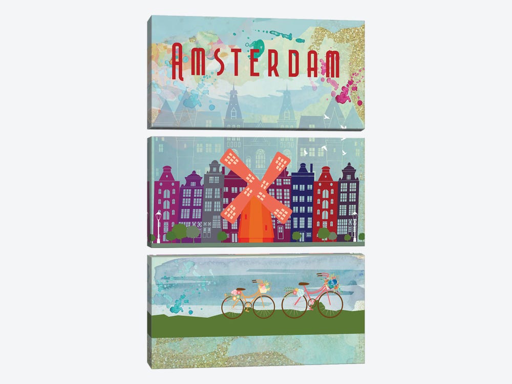 Amsterdam Travel Poster by Natalie Ryan 3-piece Canvas Wall Art