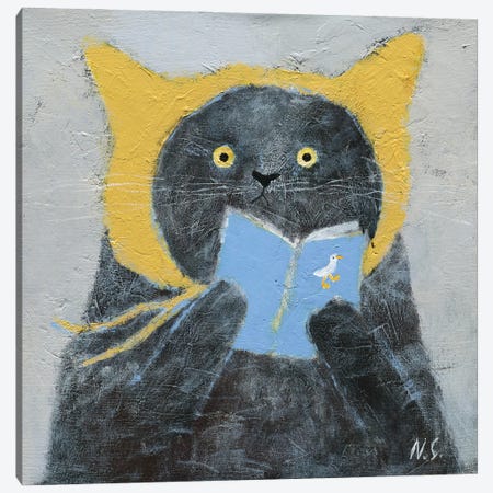 Cat In Yellow Hat With A Book Canvas Print #NSL10} by Natalia Shaloshvili Canvas Wall Art