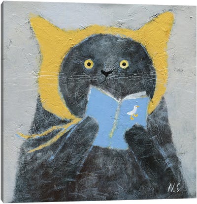 Cat In Yellow Hat With A Book Canvas Art Print