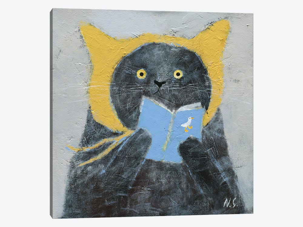 Cat In Yellow Hat With A Book by Natalia Shaloshvili 1-piece Canvas Art