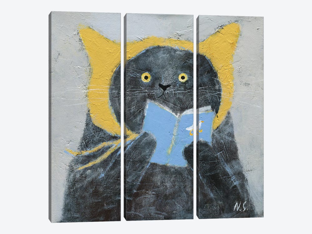Cat In Yellow Hat With A Book by Natalia Shaloshvili 3-piece Canvas Artwork