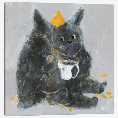 Grumpy Cat With Cup Of Tea Canvas Print #NSL15} by Natalia Shaloshvili Art Print