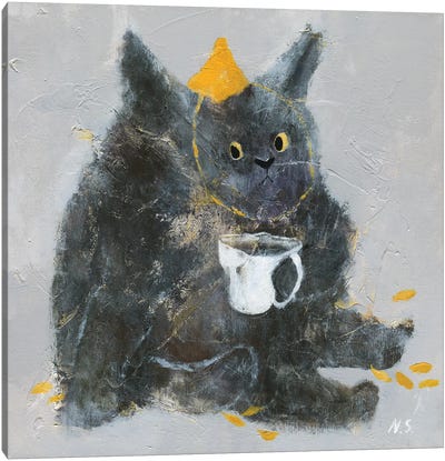 Grumpy Cat With Cup Of Tea Canvas Art Print - Tea Art