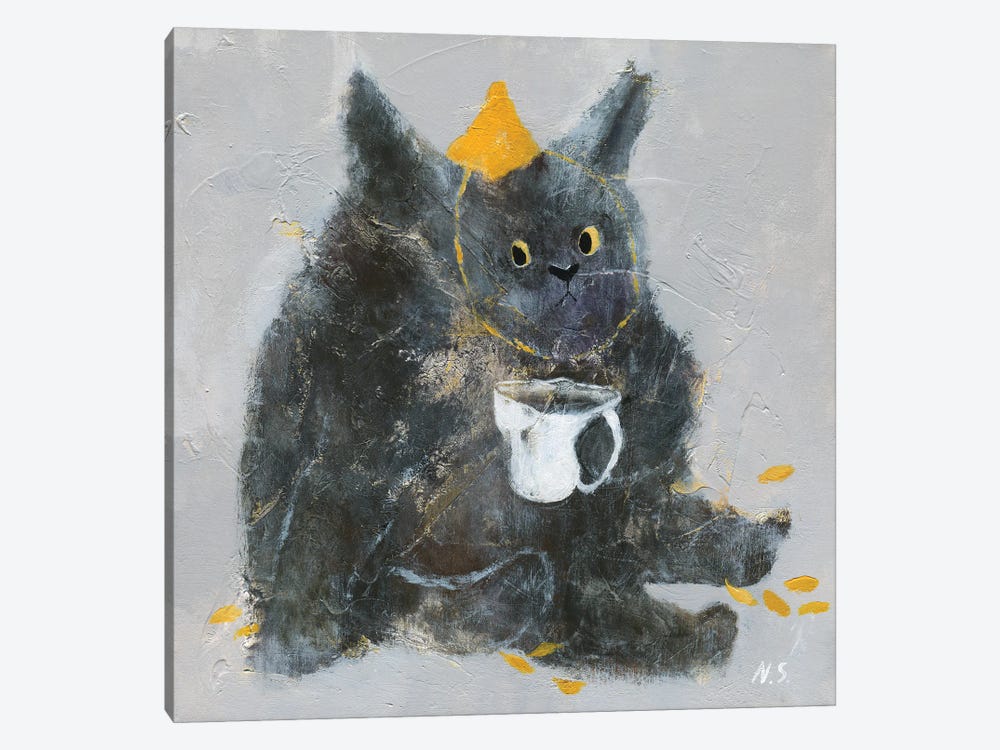 Grumpy Cat With Cup Of Tea by Natalia Shaloshvili 1-piece Canvas Print