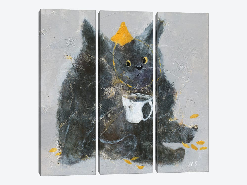Grumpy Cat With Cup Of Tea by Natalia Shaloshvili 3-piece Canvas Print