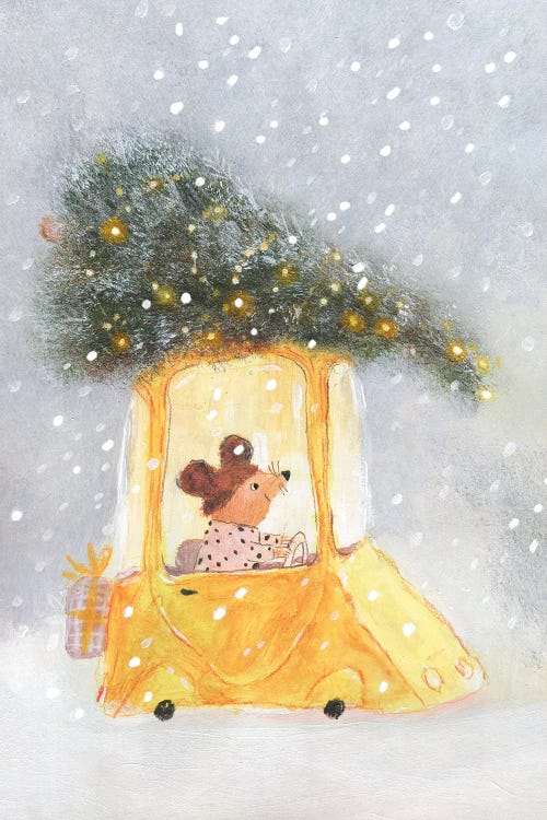 Little Mouse Carrying Chrictmas Tree On The Top Of The Car by Natalia Shaloshvili wall art