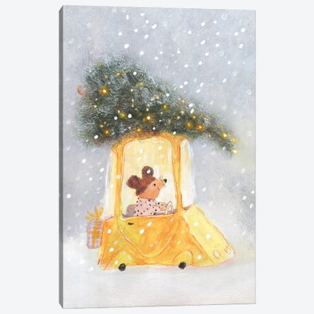 Little Mouse Carrying Chrictmas Tree On The Top Of The Car Canvas Print #NSL17} by Natalia Shaloshvili Art Print