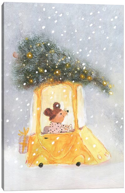 Little Mouse Carrying Chrictmas Tree On The Top Of The Car Canvas Art Print - Natalia Shaloshvili