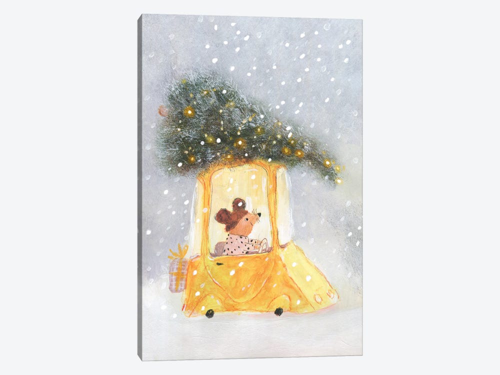 Little Mouse Carrying Chrictmas Tree On The Top Of The Car by Natalia Shaloshvili 1-piece Art Print
