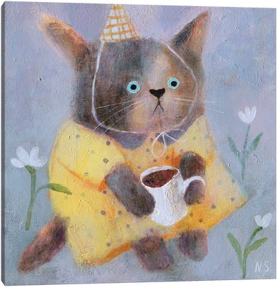 Morning Cat In Yellow Dress Canvas Art Print - Tea Art