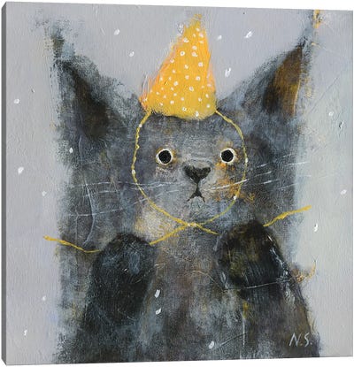 Sad Cat In Party Hat Canvas Art Print - Natalia Shaloshvili