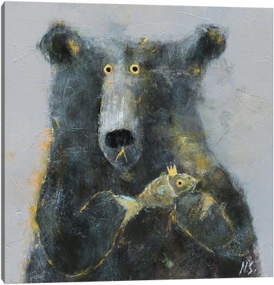 The Bear With Fish Canvas Art Print - Nursery Room Art