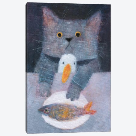 The Cat And The Duck Having The Dinner Canvas Print #NSL24} by Natalia Shaloshvili Canvas Artwork