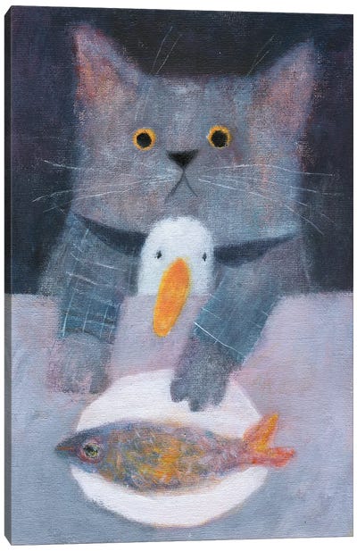 The Cat And The Duck Having The Dinner Canvas Art Print - Duck Art