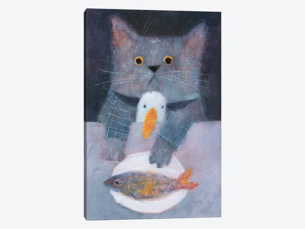 The Cat And The Duck Having The Dinner by Natalia Shaloshvili 1-piece Art Print