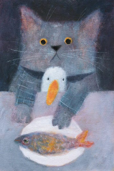 Kids Nautical Art: The Cat And The Duck Having The Dinner by Natalia Shaloshvili