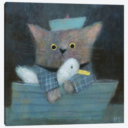 The Cat And The Duck In The Boat Canvas Print #NSL25} by Natalia Shaloshvili Canvas Wall Art