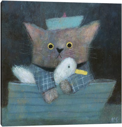 The Cat And The Duck In The Boat Canvas Art Print - Duck Art