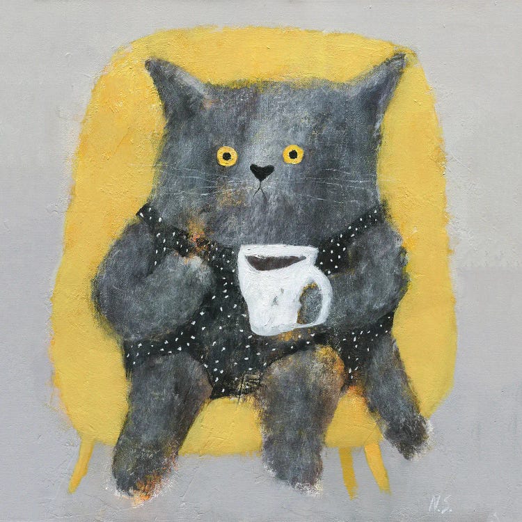 The Cat In The Chair Wit Cup Of Coffee