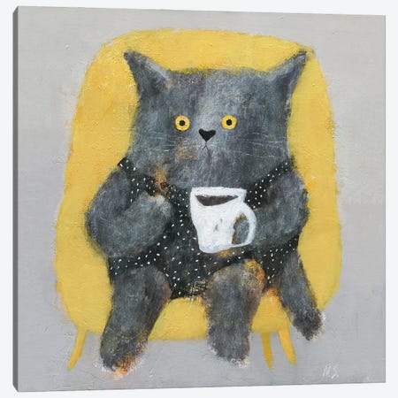 The Cat In The Chair Wit Cup Of Coffee Canvas Print #NSL27} by Natalia Shaloshvili Canvas Wall Art