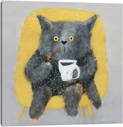 The Cat In The Chair Wit Cup Of Coffee Canvas Art Print - Natalia Shaloshvili
