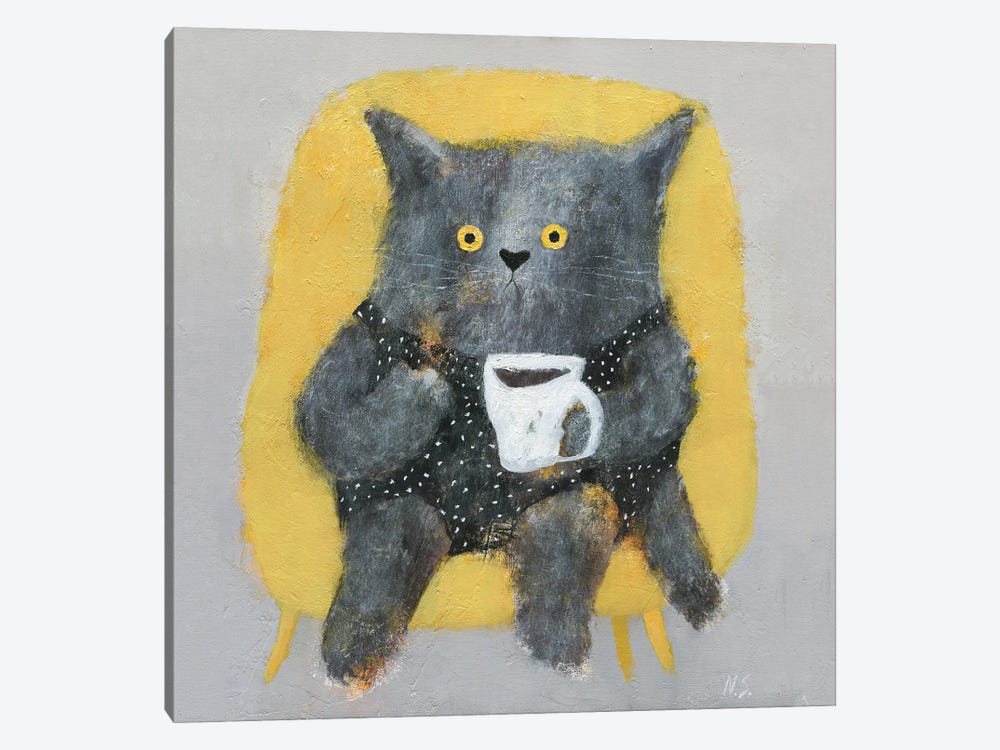The Cat In The Chair Wit Cup Of Coffee by Natalia Shaloshvili 1-piece Canvas Artwork