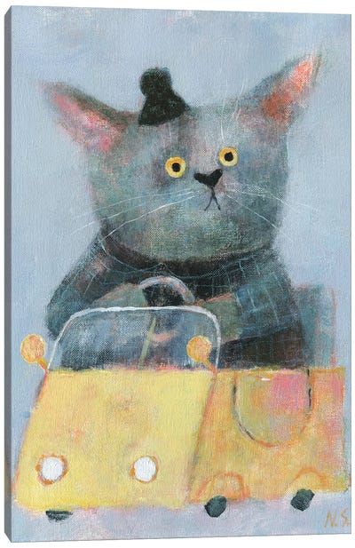The Cat In The Yellow Car Canvas Art Print - Pet Mom