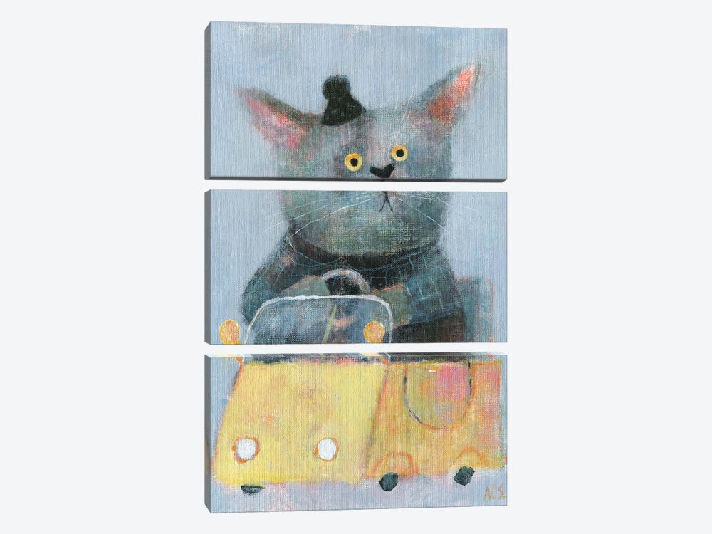 The Cat In The Yellow Car by Natalia Shaloshvili 3-piece Canvas Print