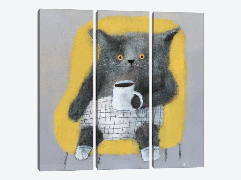 The Cat In The Yellow Chair by Natalia Shaloshvili 3-piece Canvas Wall Art