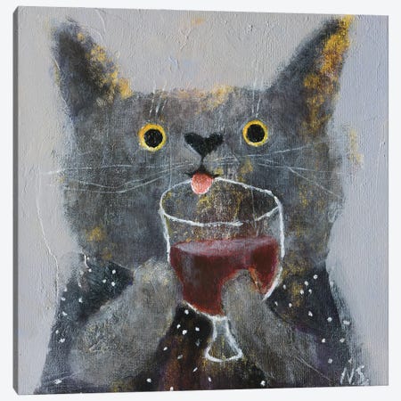 The Cat With Glass Of Wine Canvas Print #NSL30} by Natalia Shaloshvili Canvas Wall Art