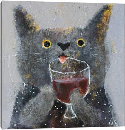 The Cat With Glass Of Wine Canvas Art Print - Natalia Shaloshvili