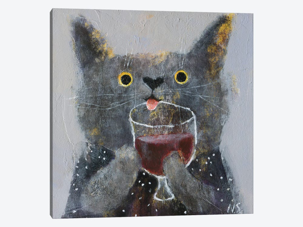 The Cat With Glass Of Wine by Natalia Shaloshvili 1-piece Canvas Wall Art
