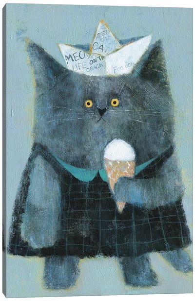 The Cat With Paper Hat And Icecream Canvas Art Print - Natalia Shaloshvili